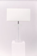 1970s Lucite column table lamp. Frosted and polished clear Lucite striped detailing.