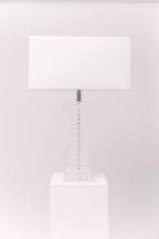 1970s Lucite column table lamp. Frosted and polished clear Lucite striped detailing.