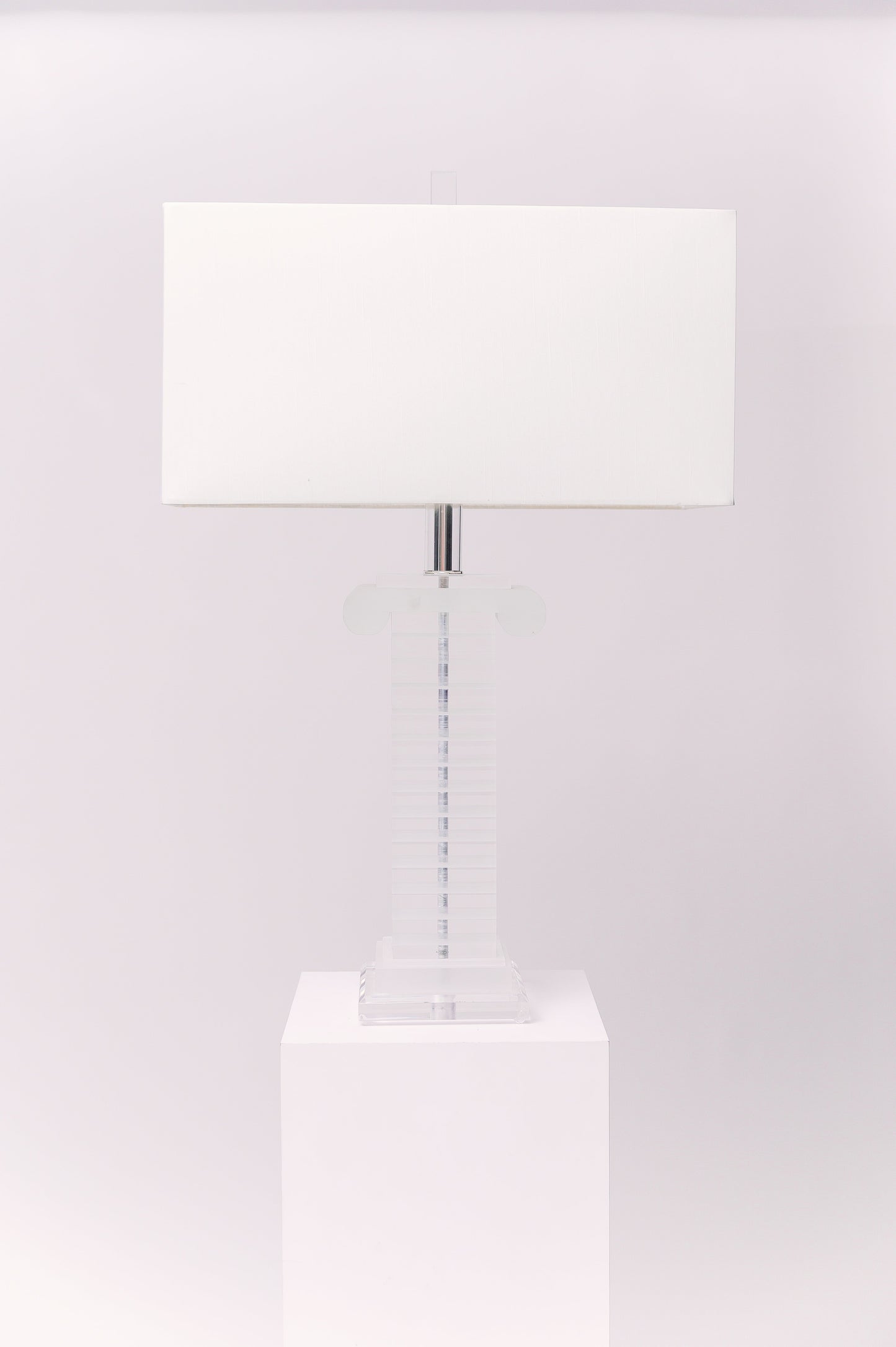 1970s Lucite column table lamp. Frosted and polished clear Lucite striped detailing.