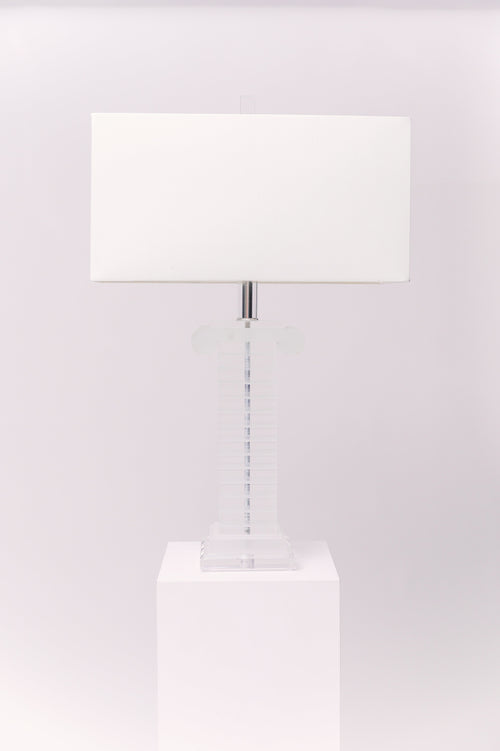 1970s Lucite column table lamp. Frosted and polished clear Lucite striped detailing.