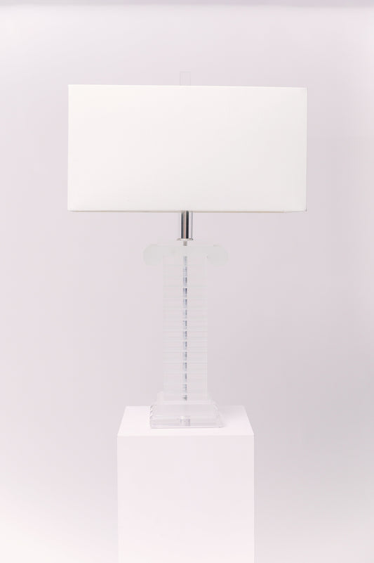 1970s Lucite column table lamp. Frosted and polished clear Lucite striped detailing.