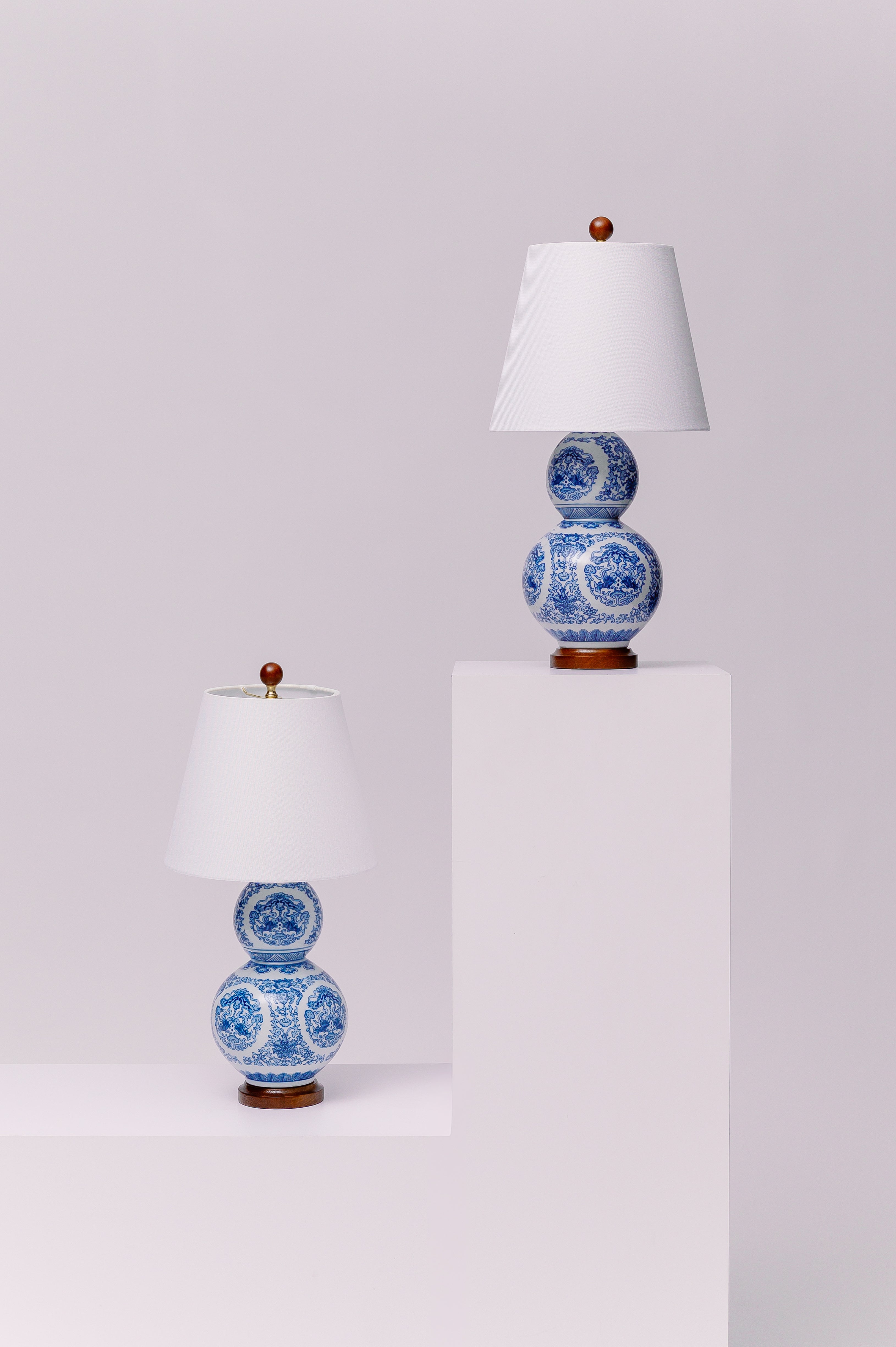 Lauren Ralph Lauren Blue White Double Gourd Chinoiserie Koi Porcelain Lamps