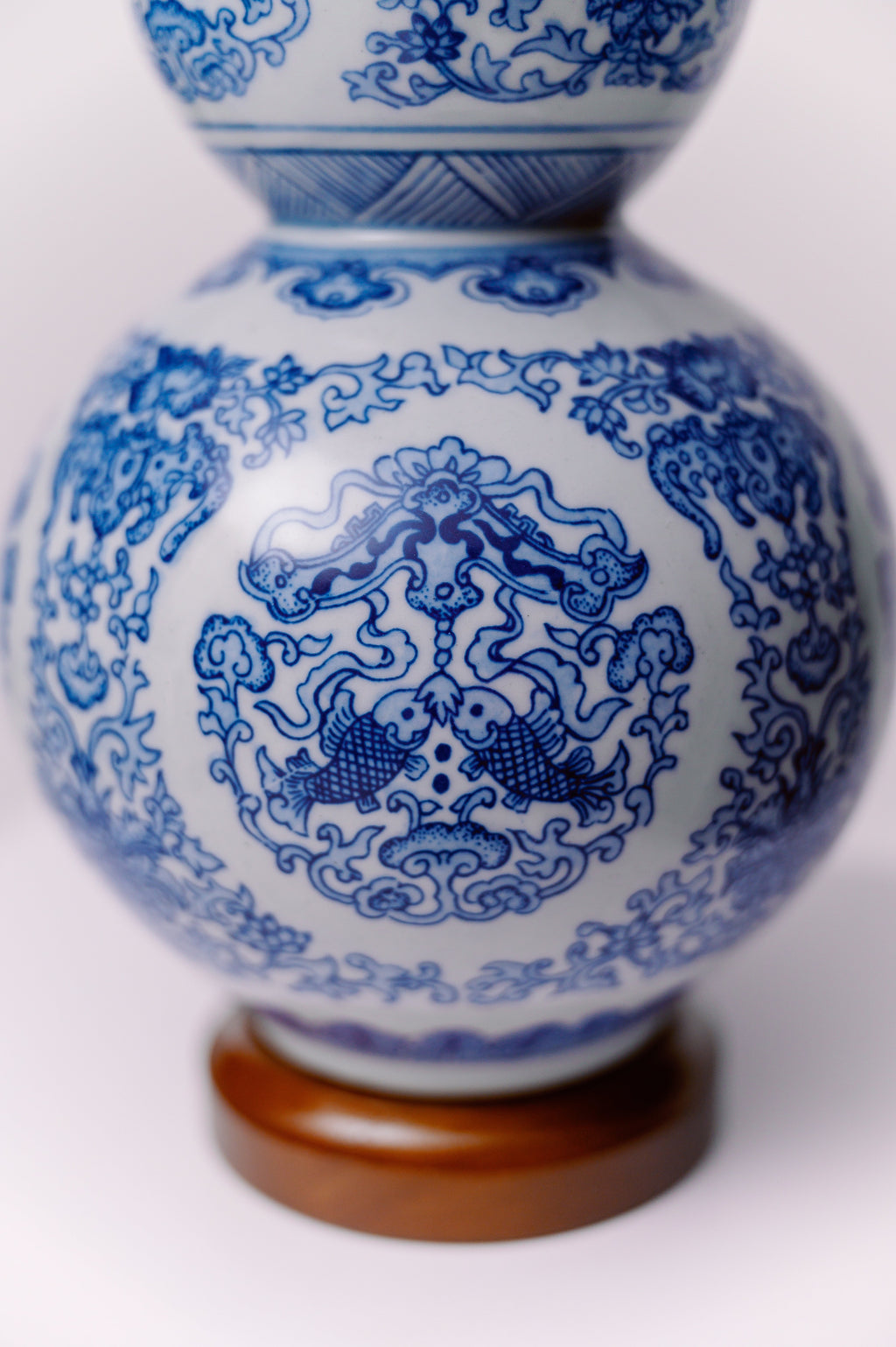 Lauren Ralph Lauren Blue White Double Gourd Chinoiserie Koi Porcelain Lamps