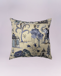 Add a touch of global elegance to your home with this beautifully detailed throw pillow. Crafted from a textured linen-blend fabric, it features a sophisticated Chinoiserie-inspired scene rendered in deep blues, charcoal, and muted earth tones.