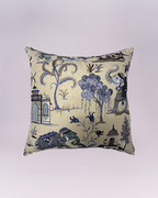 Add a touch of global elegance to your home with this beautifully detailed throw pillow. Crafted from a textured linen-blend fabric, it features a sophisticated Chinoiserie-inspired scene rendered in deep blues, charcoal, and muted earth tones.