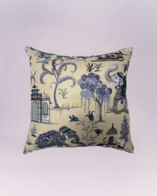 Add a touch of global elegance to your home with this beautifully detailed throw pillow. Crafted from a textured linen-blend fabric, it features a sophisticated Chinoiserie-inspired scene rendered in deep blues, charcoal, and muted earth tones.