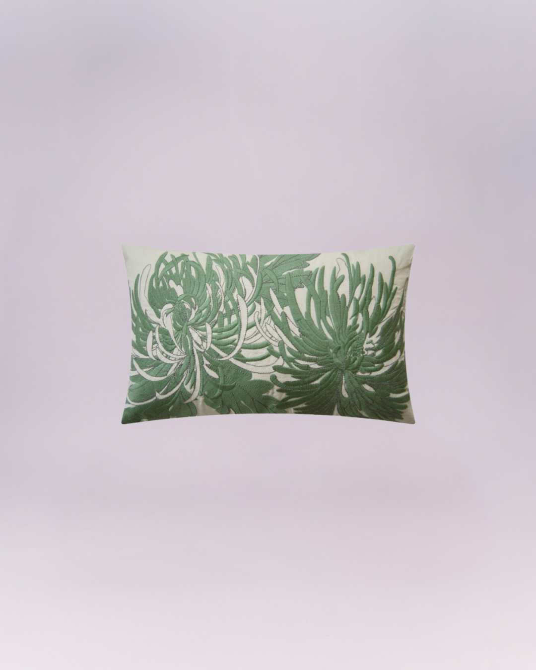 Inject serene, sophisticated texture into your space with this exquisite rectangular lumbar cushion! It features two bold, flowing chrysanthemum or mum-like flowers meticulously crafted in thick, sage green embroidery on a creamy white base. The heavy, layered stitching creates a beautiful, dimensional relief pattern that is both modern and artfully intricate.