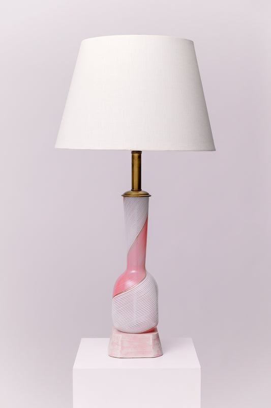 A pair of pink and white glass and wood table lamps by Dino Martens.
