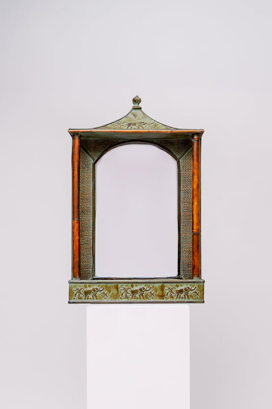Vintage elephant pagoda mirror with bamboo and rattan details, and storage space in the bottom.