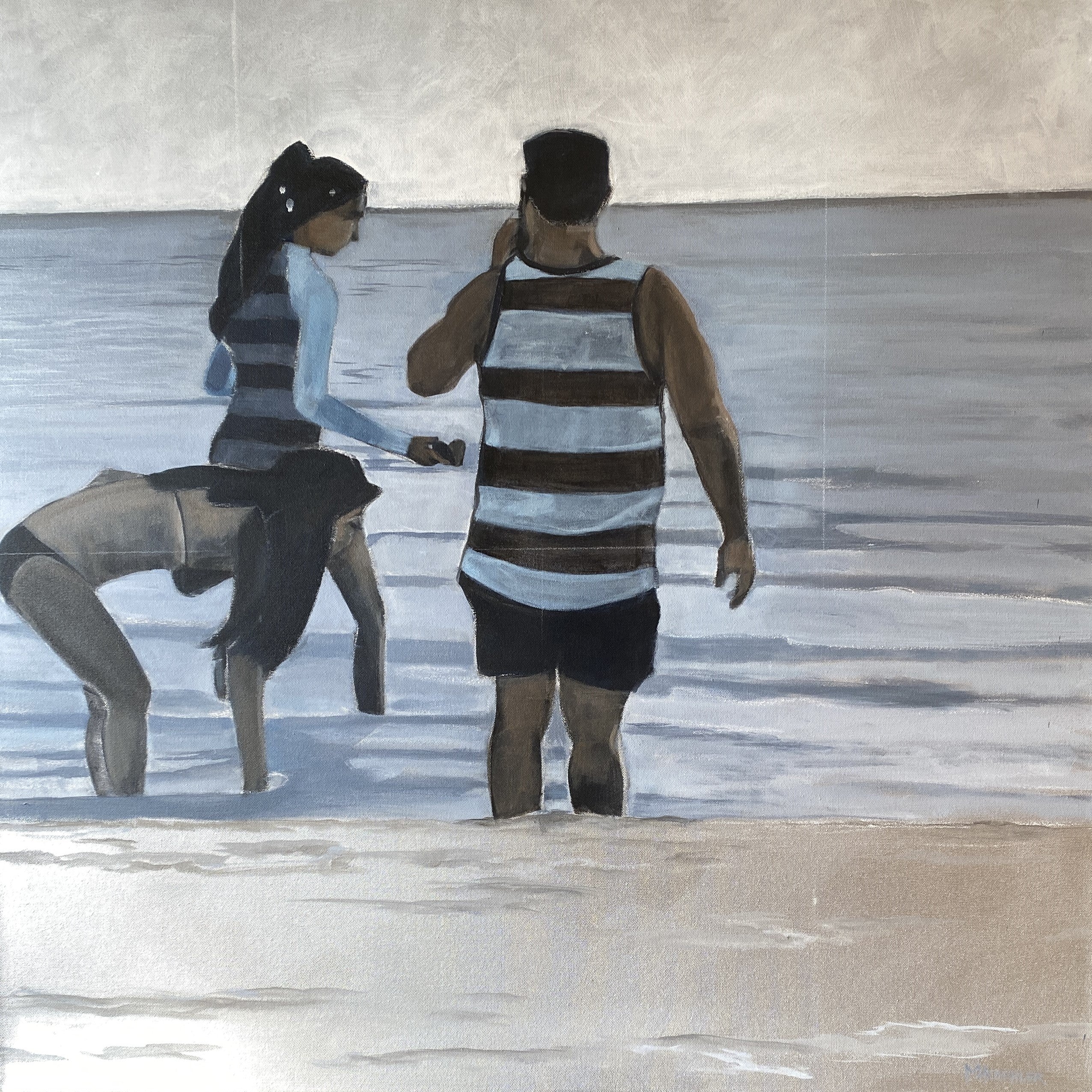 Black + White beach trio on silver background