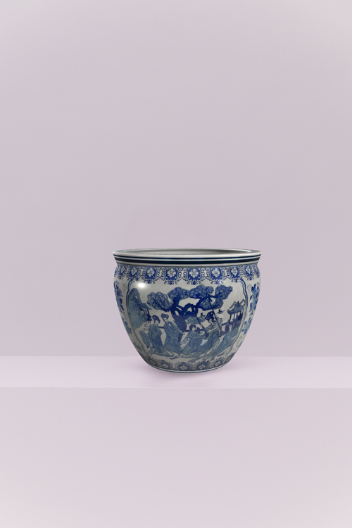 Handmade Imperial Court Design: Finished in a traditional design depicting graceful figures amidst a serene palace garden in soothing blue and white. A timeless, versatile, way to add classic beauty to your space.