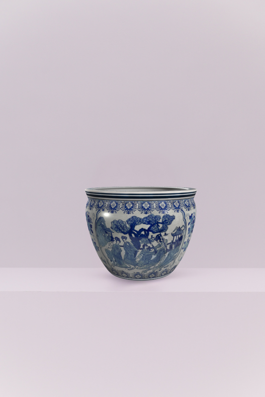 Handmade Imperial Court Design: Finished in a traditional design depicting graceful figures amidst a serene palace garden in soothing blue and white. A timeless, versatile, way to add classic beauty to your space.