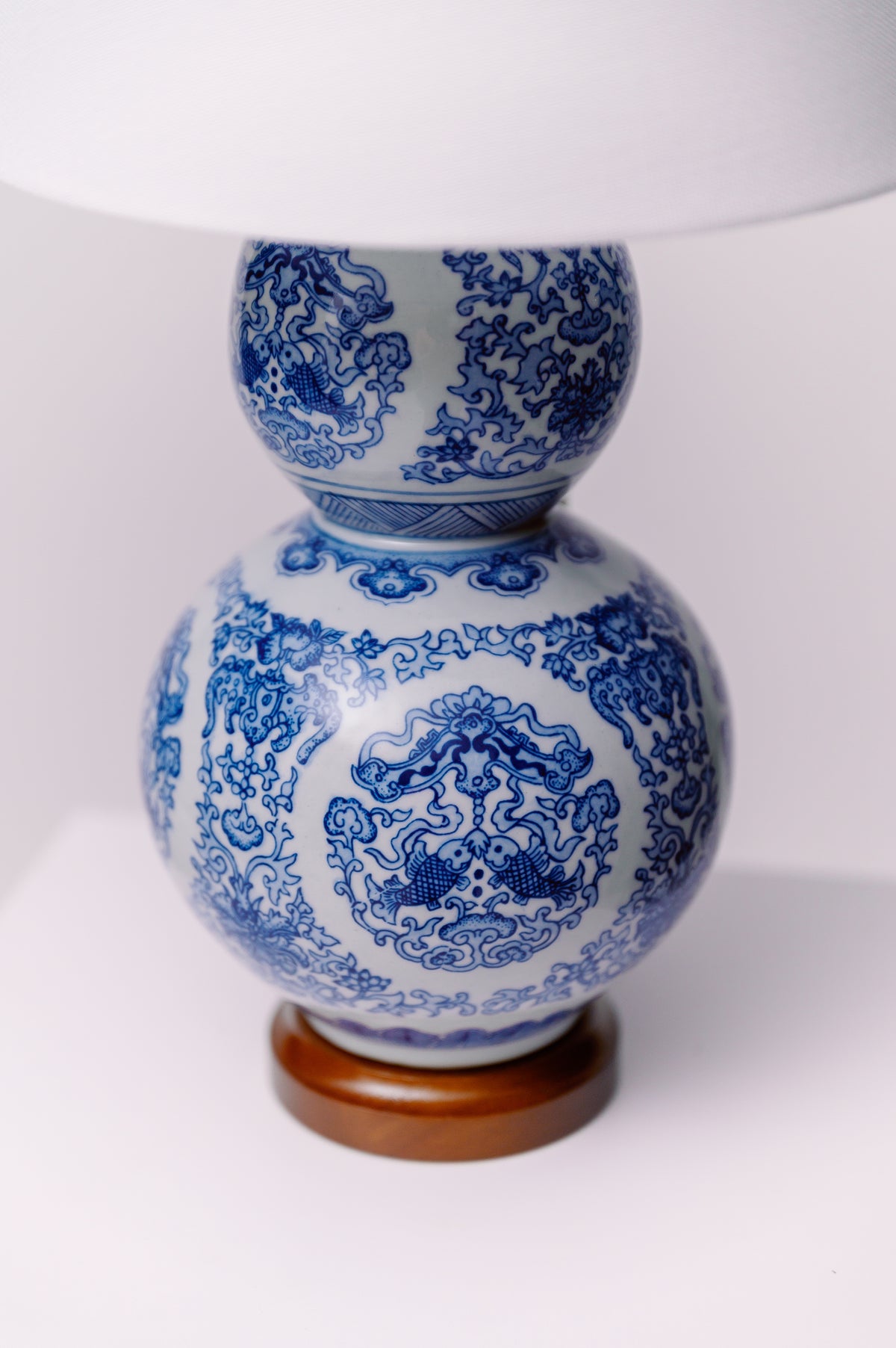 Lauren Ralph Lauren Blue White Double Gourd Chinoiserie Koi Porcelain Lamps
