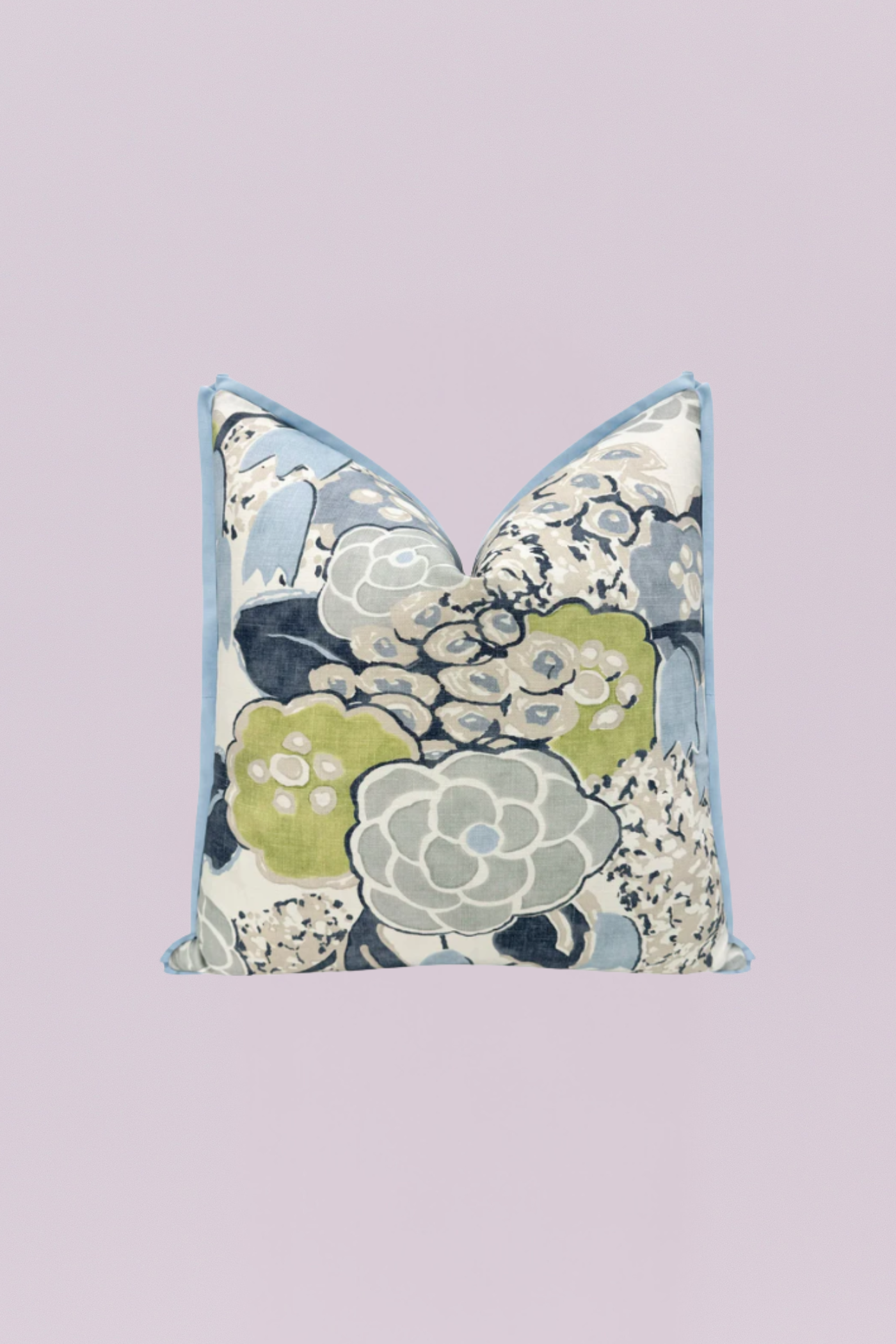 A sophisticated square pillow featuring a large-scale, painterly floral design in cool, calming tones of soft sage green, dove gray, deep navy, and light powder blue. It is elegantly finished with light blue contrast piping for a classic, refined look.