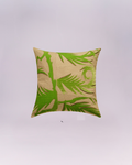 Bring the tropics indoors with this striking decorative cushion! It features a bold, bright lime-green palm leaf design layered over a textured beige fabric. The vibrant green motif has a glossy, slightly raised finish, giving the pillow an eye-catching, dimensional look.