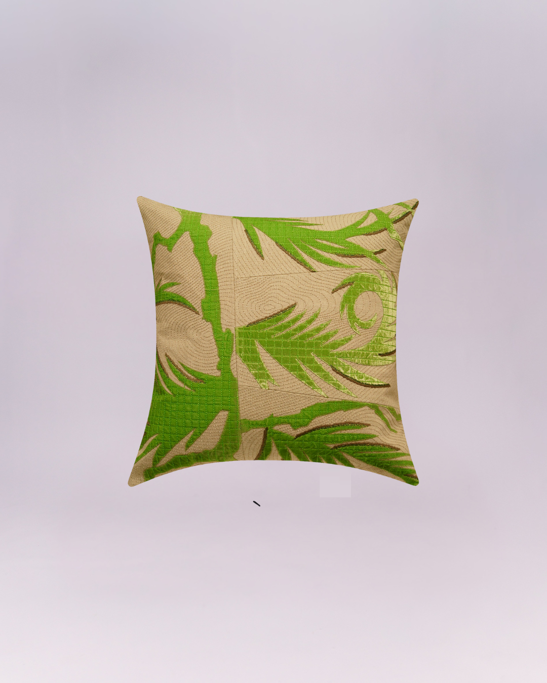 Bring the tropics indoors with this striking decorative cushion! It features a bold, bright lime-green palm leaf design layered over a textured beige fabric. The vibrant green motif has a glossy, slightly raised finish, giving the pillow an eye-catching, dimensional look.
