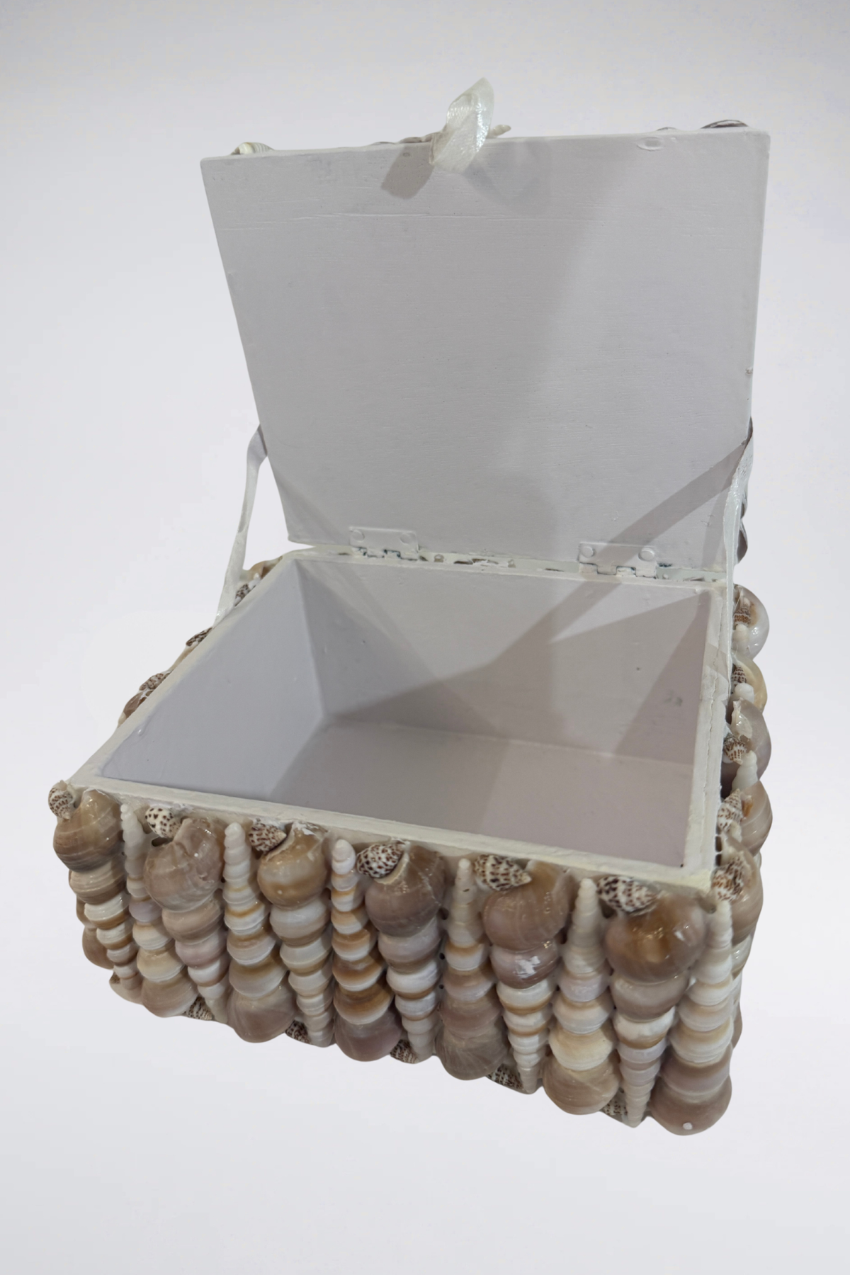 A square decorative storage box with a hinged lid, featuring a white interior and a textured exterior made of stacked seashells in natural beige, brown, and cream tones, shown against a plain white background.