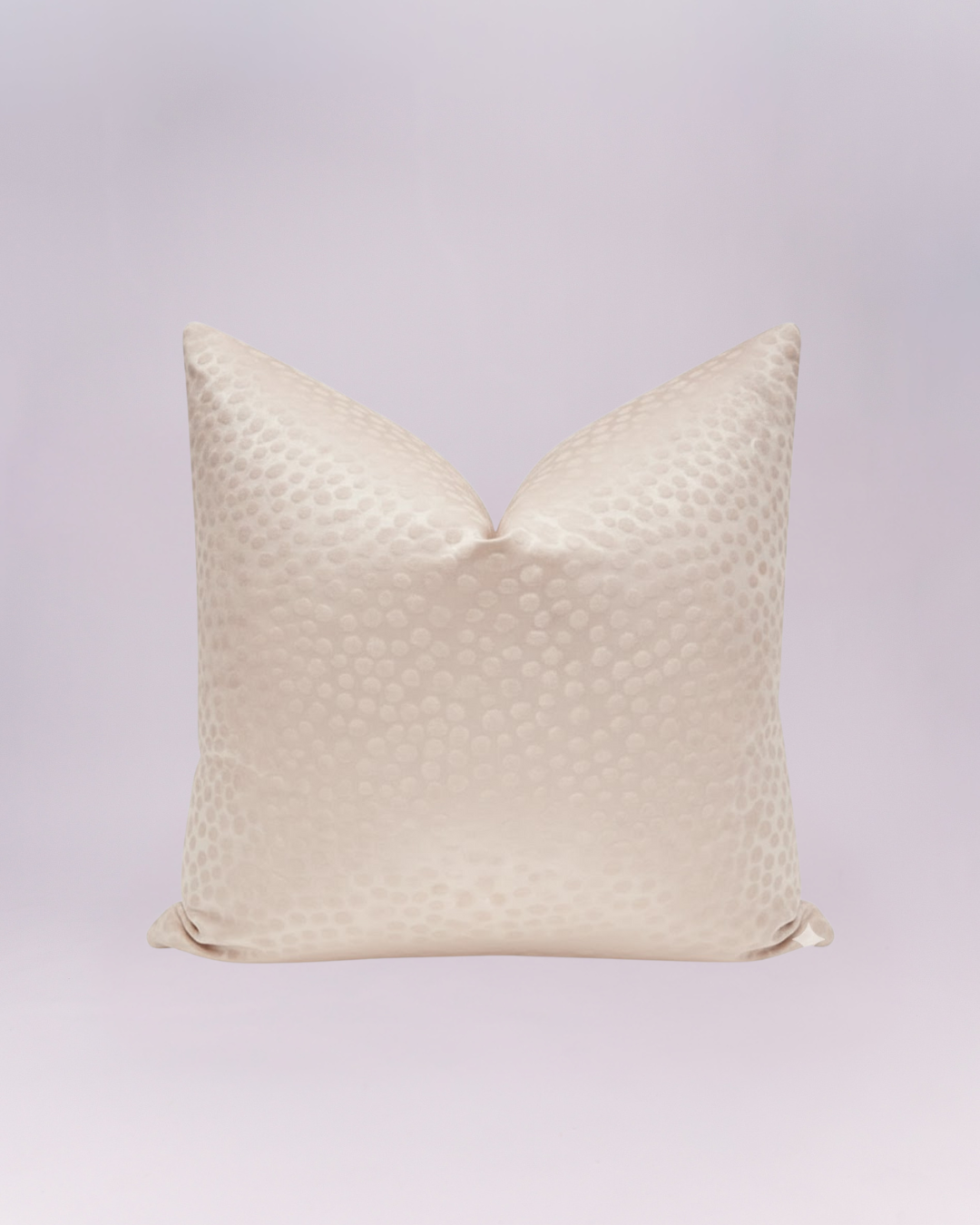 A elegant throw pillow featuring a muted blush color. The fabric has a subtle, textured polka dot pattern, giving it a sophisticated, tactile dimension. Perfect for adding a delicate touch of luxury and texture to any sofa or bed.