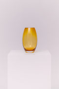 This contemporary vase features a sleek oval silhouette crafted from blown glass in a rich amber hue. The warm golden tones shift beautifully in the light, creating depth and dimension. The base is clear, adding contrast and visual grounding while showcasing the quality of the glasswork.