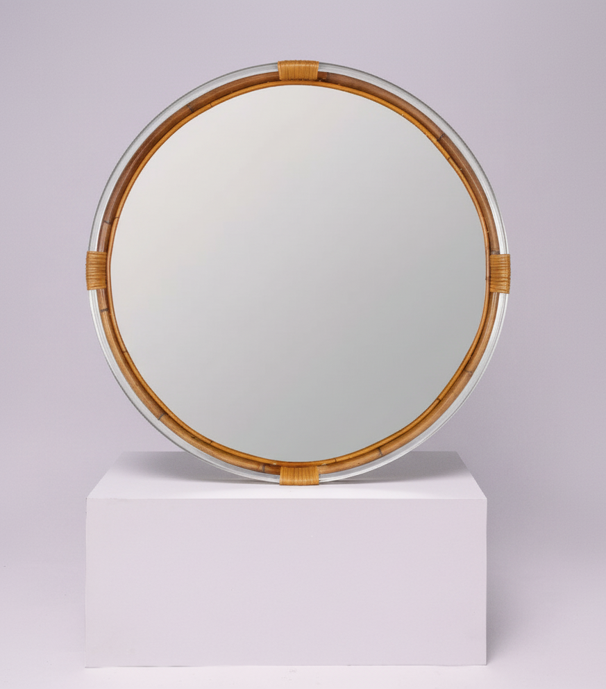 Round Mirror with Natural Finish with Clear Acrylic Accents
