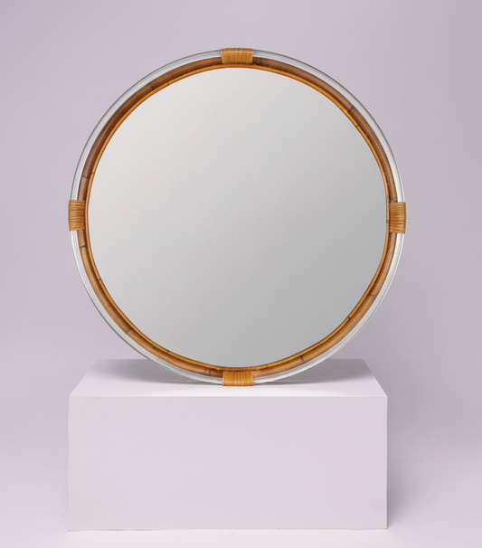 Round Mirror with Natural Finish with Clear Acrylic Accents