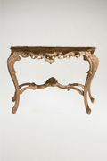 Ornately carved wooden base with ivory/grey/gold finish and honed white with grey marble top. This console will add a French Rococo flair to your decor.