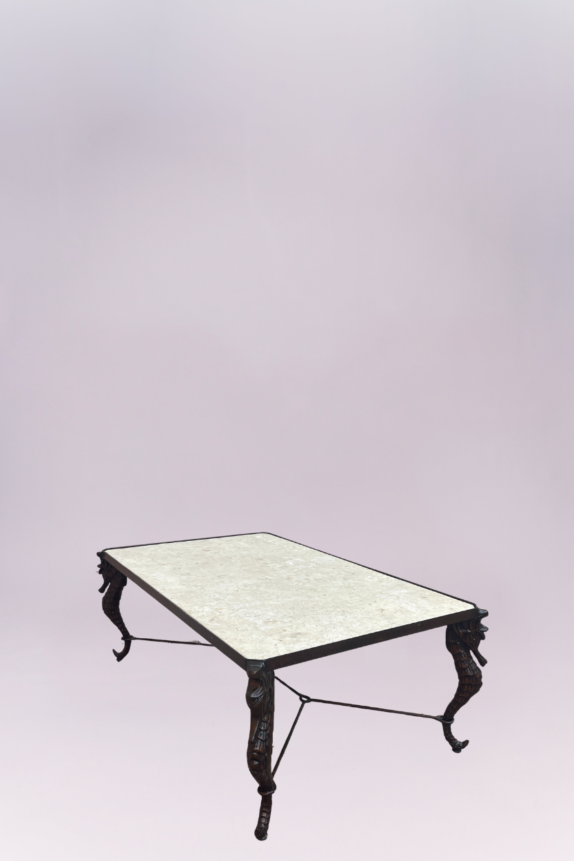 Decorative table with marble top and black metal legs on a light purple background