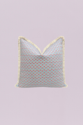 This delightful accent pillow features a playful, delicate dot pattern in pink and reddish-pink on a soft, powder blue background. The whimsical design is framed by a generous, natural ivory-colored fringe, adding a cozy, bohemian-inspired texture to its vintage charm.