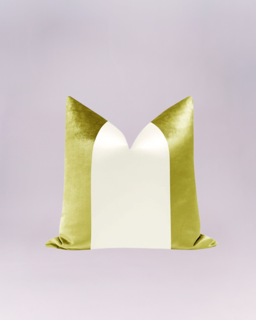 A luxurious throw pillow featuring a colorblock design with velvet fabric. It has a central vertical panel of creamy white flanked by two side panels of chartreuse/lime green velvet. The soft, plush texture and bold contrast make it an excellent accent piece for contemporary or eclectic decor.