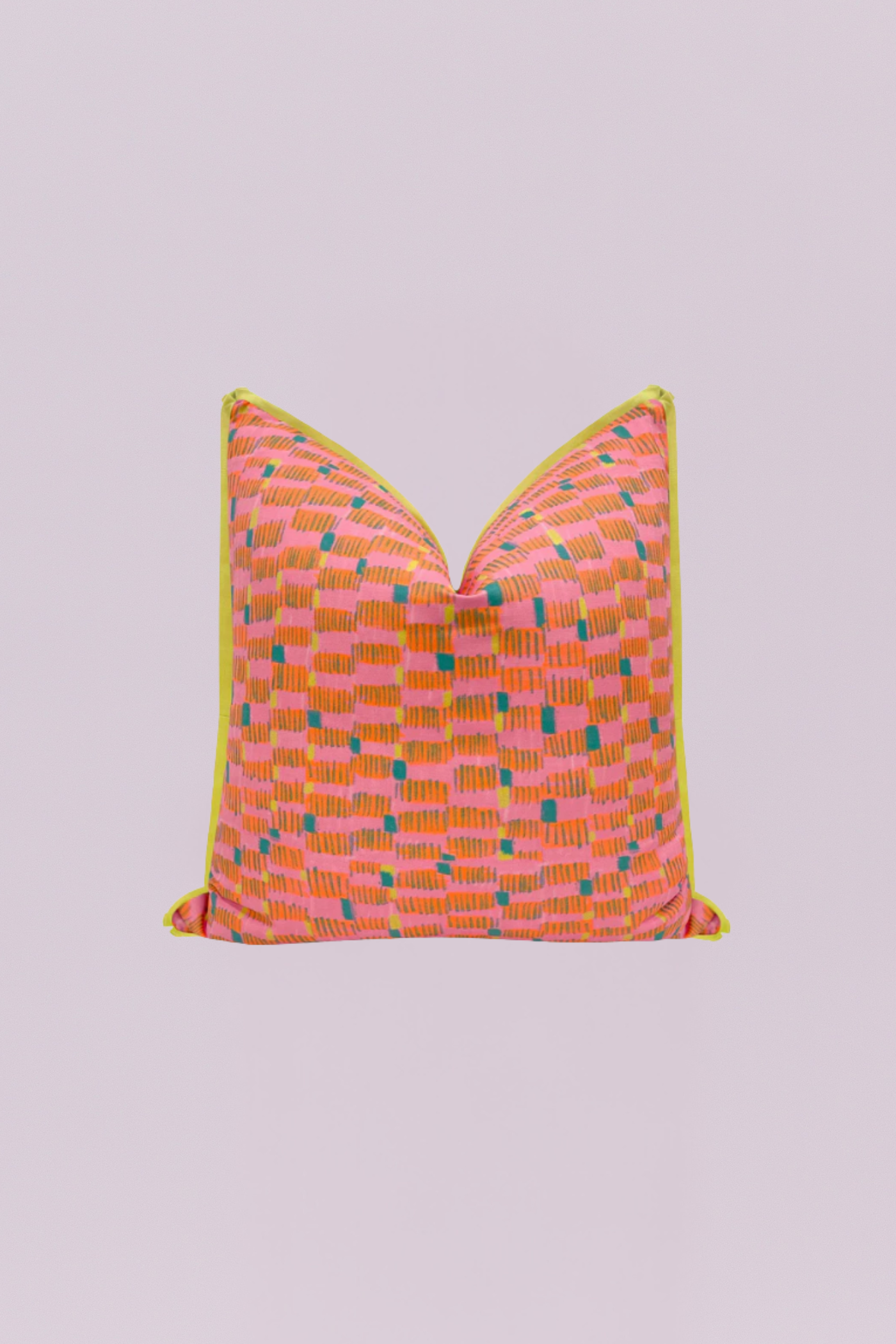 Inject vibrant energy into your room with this playful, contemporary accent pillow. The design features a dynamic, abstract block pattern in electric pink, bright orange, and teal, giving it a lively, hand-drawn look. A bold lime green piping frames the edge, making this piece a stunning, modern focal point for any decor.