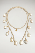 Natural linen 12 baroque pearl drop lariat necklace with hand-wrapped detailing and organic freshwater pearl accents.
