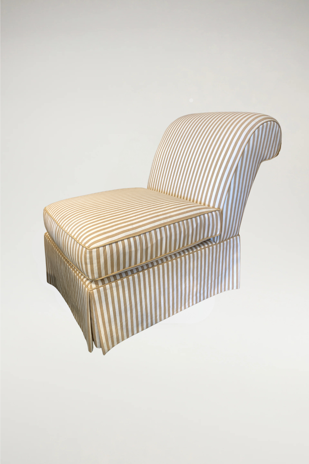 Elevate your living space with this sophisticated Cabana Slipper Chair, featuring a timeless tan and white vertical stripe pattern. This piece seamlessly blends an elegant, regal aesthetic with a cozy and inviting feel, making it a versatile addition to high-end interiors.