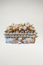 This exquisite artisan piece serves as a testament to coastal elegance, featuring a dense, hand-curated arrangement of natural shells. Centered by a luminous, iridescent abalone shell, the vessel is adorned with a variety of textures and organic shapes that reflect a high-end, regal aesthetic.