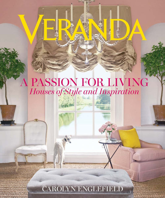 Book Cover-Veranda: A Passion for Living' with a living room scene and chandelier.